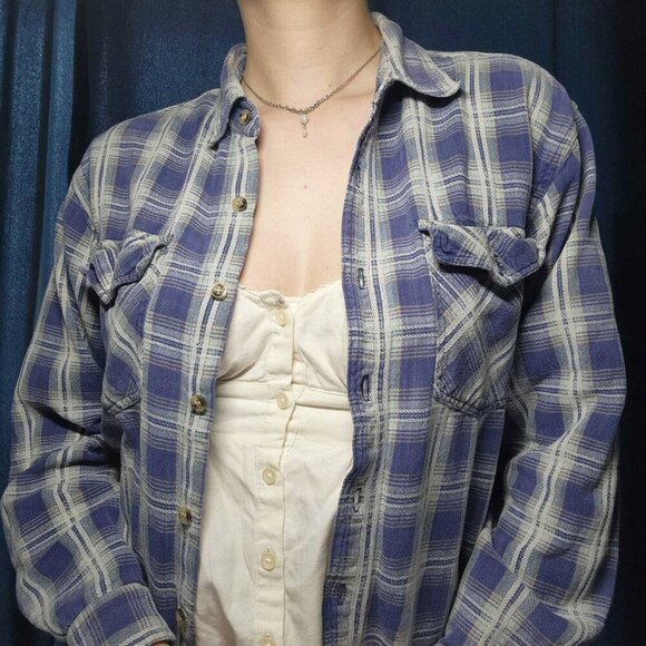 Vintage 70s western soft blue purple and white cotton plaid button-up shirt - Picture 12 of 15